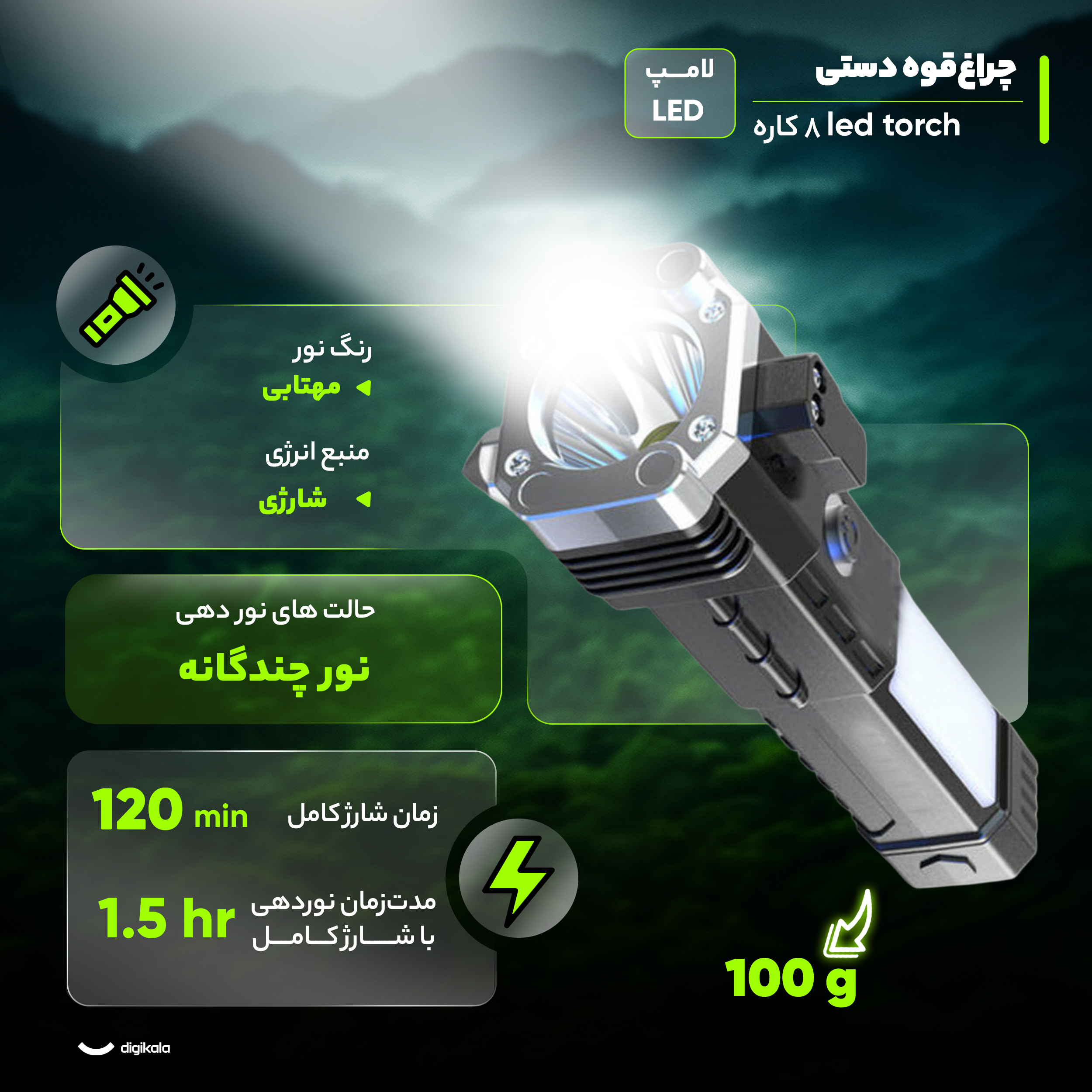 چراغ قوه دستی مدل 8 کاره led torch - تصویر 3